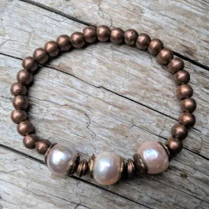 Three Pink Pearls & Copper Elastic Bracelet