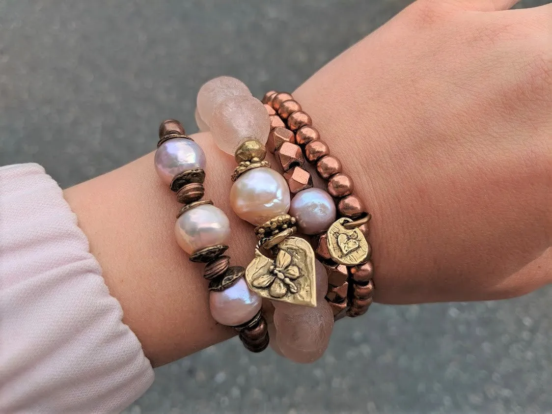 Three Pink Pearls & Copper Elastic Bracelet