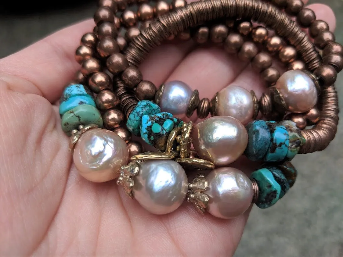 Three Pink Pearls & Copper Elastic Bracelet