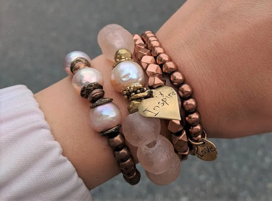 Three Pink Pearls & Copper Elastic Bracelet