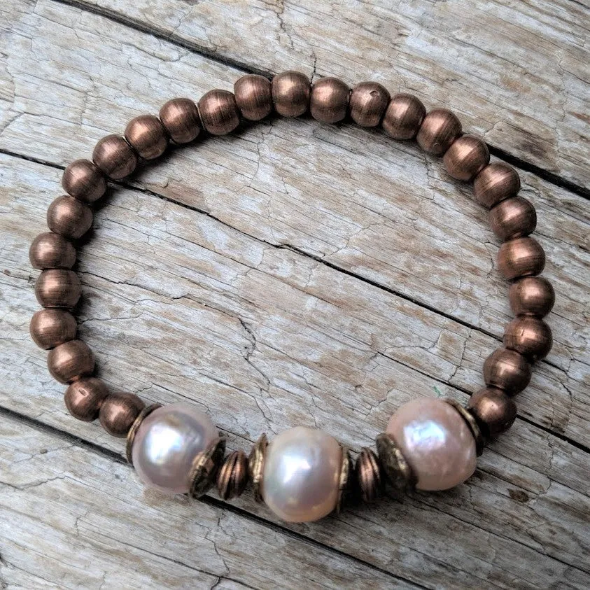 Three Pink Pearls & Copper Elastic Bracelet