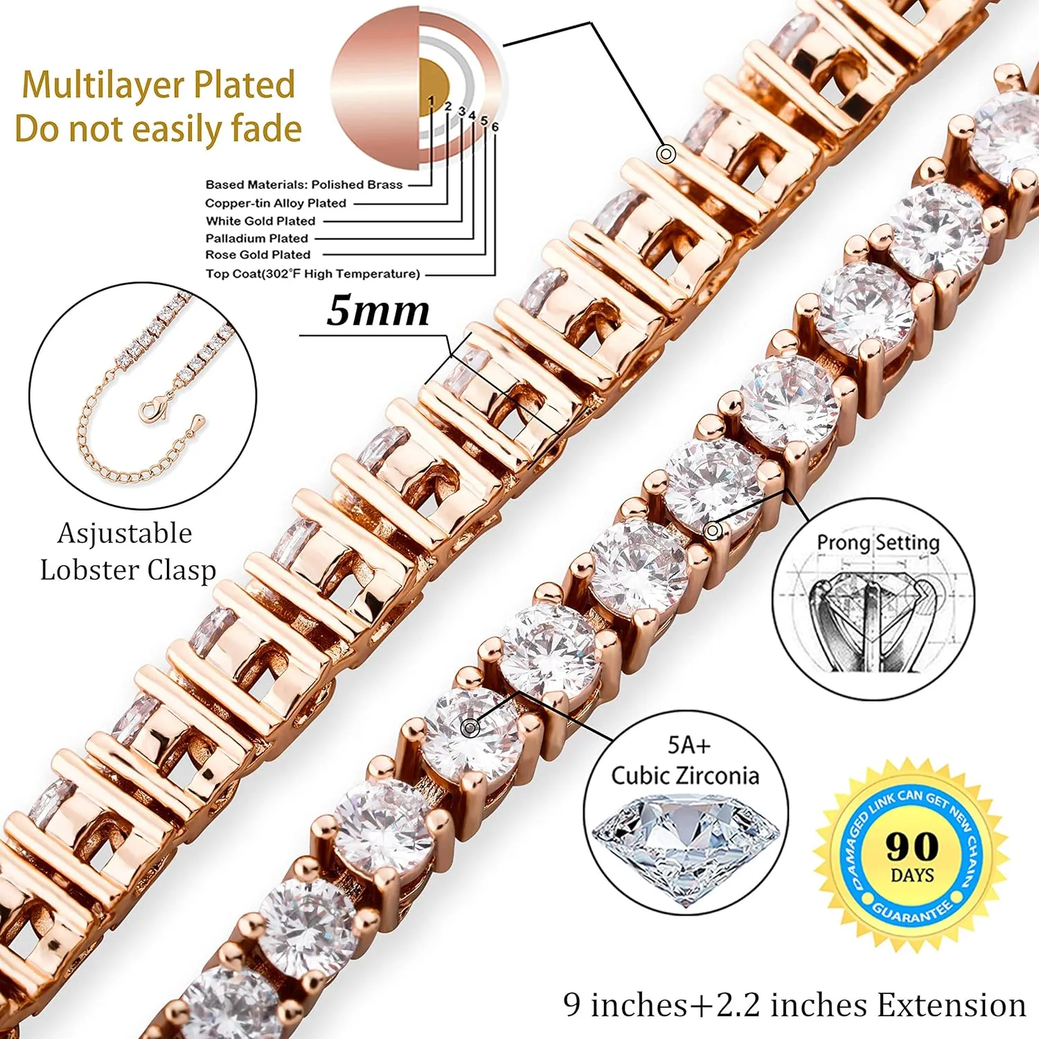 TOPGRILLZ Tennis Ankle Bracelet Gold Anklet Adjustable with Extension 14K Gold Plated Iced out Diamond 3-6mm Fashion Stylish Foot Jewelry for Women