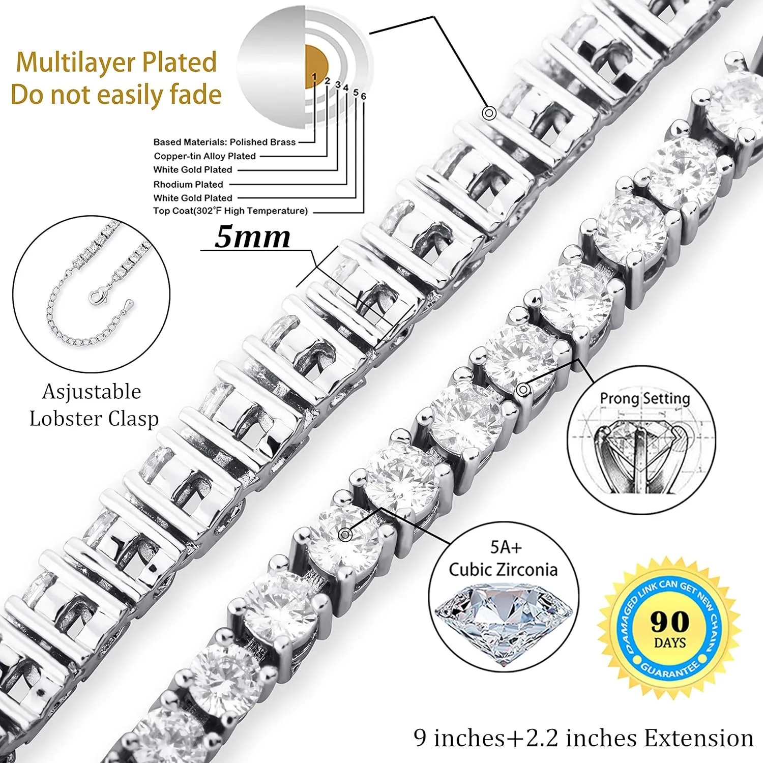 TOPGRILLZ Tennis Ankle Bracelet Gold Anklet Adjustable with Extension 14K Gold Plated Iced out Diamond 3-6mm Fashion Stylish Foot Jewelry for Women