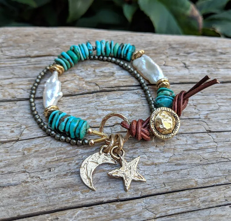 Turquoise, Pearl and Pyrite Crescent Moon and Star Bracelet