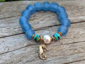 Turquoise, Sea Glass & White Edison Pearl Elastic Bracelet with Seahorse Charm