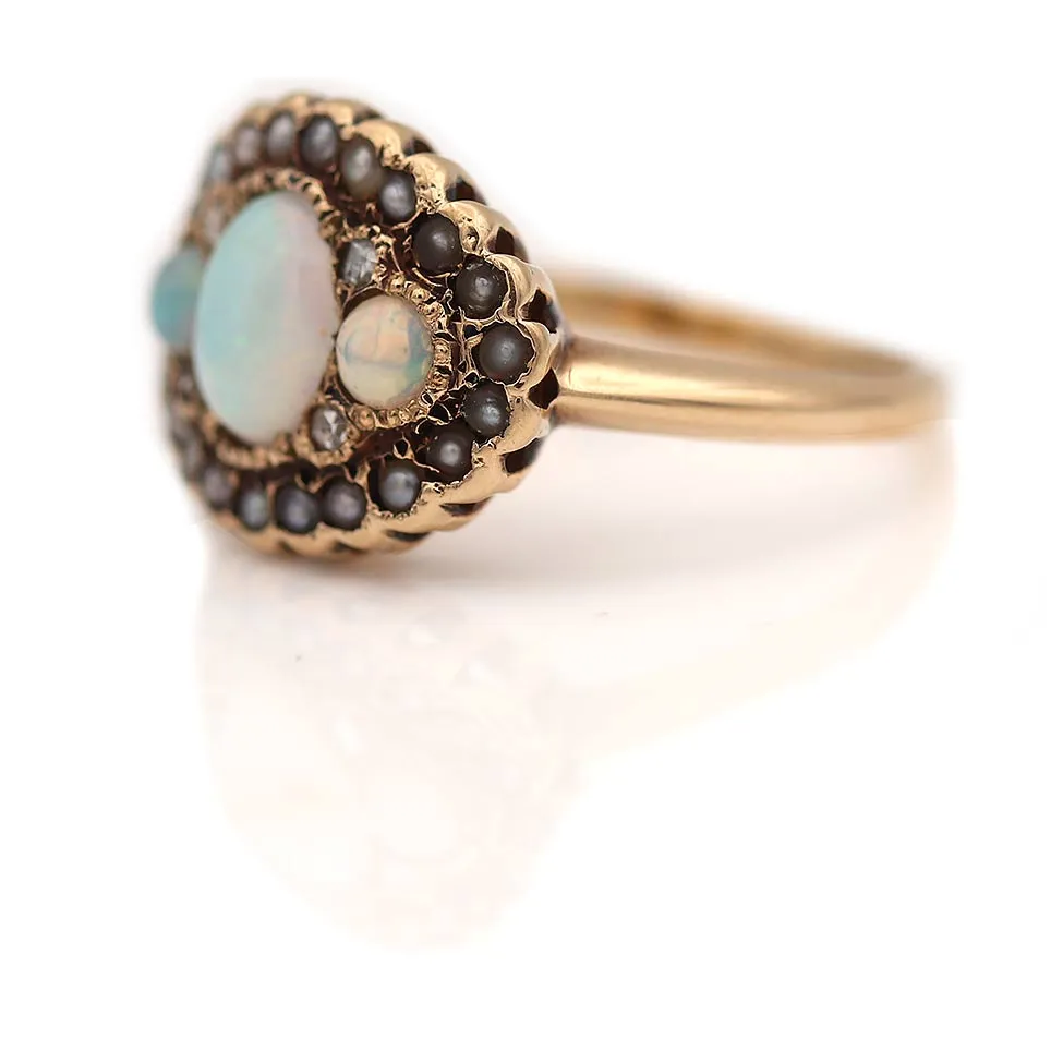 Victorian 3 Stone Opal Pearl & Rose Cut Diamond Wedding Ring