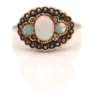Victorian 3 Stone Opal Pearl & Rose Cut Diamond Wedding Ring