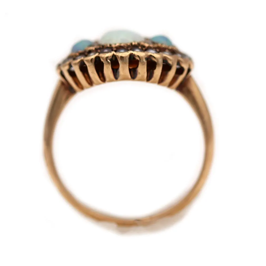 Victorian 3 Stone Opal Pearl & Rose Cut Diamond Wedding Ring