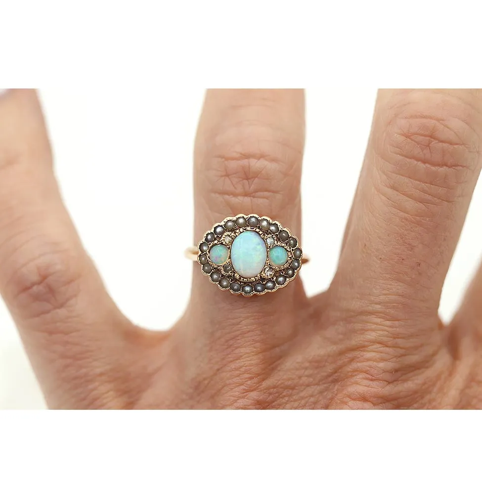 Victorian 3 Stone Opal Pearl & Rose Cut Diamond Wedding Ring