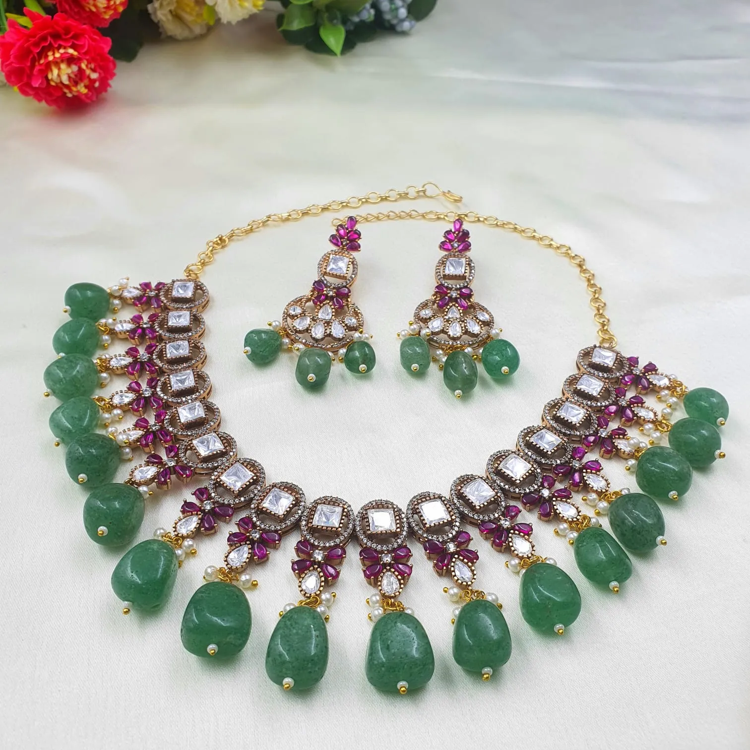 Victorian Style Kundan Necklace & Earring Set with Beryl Stone Drops
