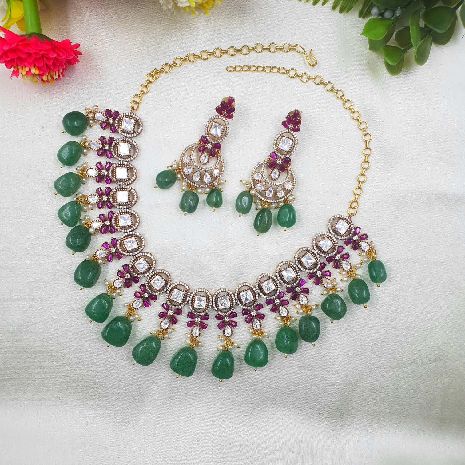 Victorian Style Kundan Necklace & Earring Set with Beryl Stone Drops