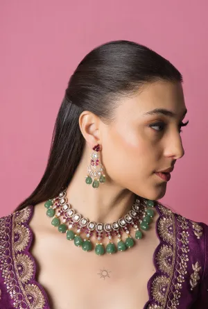 Victorian Style Kundan Necklace & Earring Set with Beryl Stone Drops