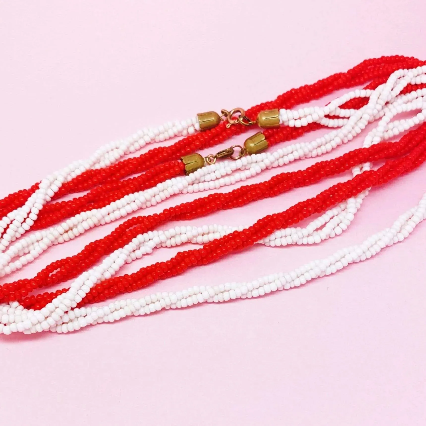 Vintage 1930s Czech Red & White Beaded Necklace Set