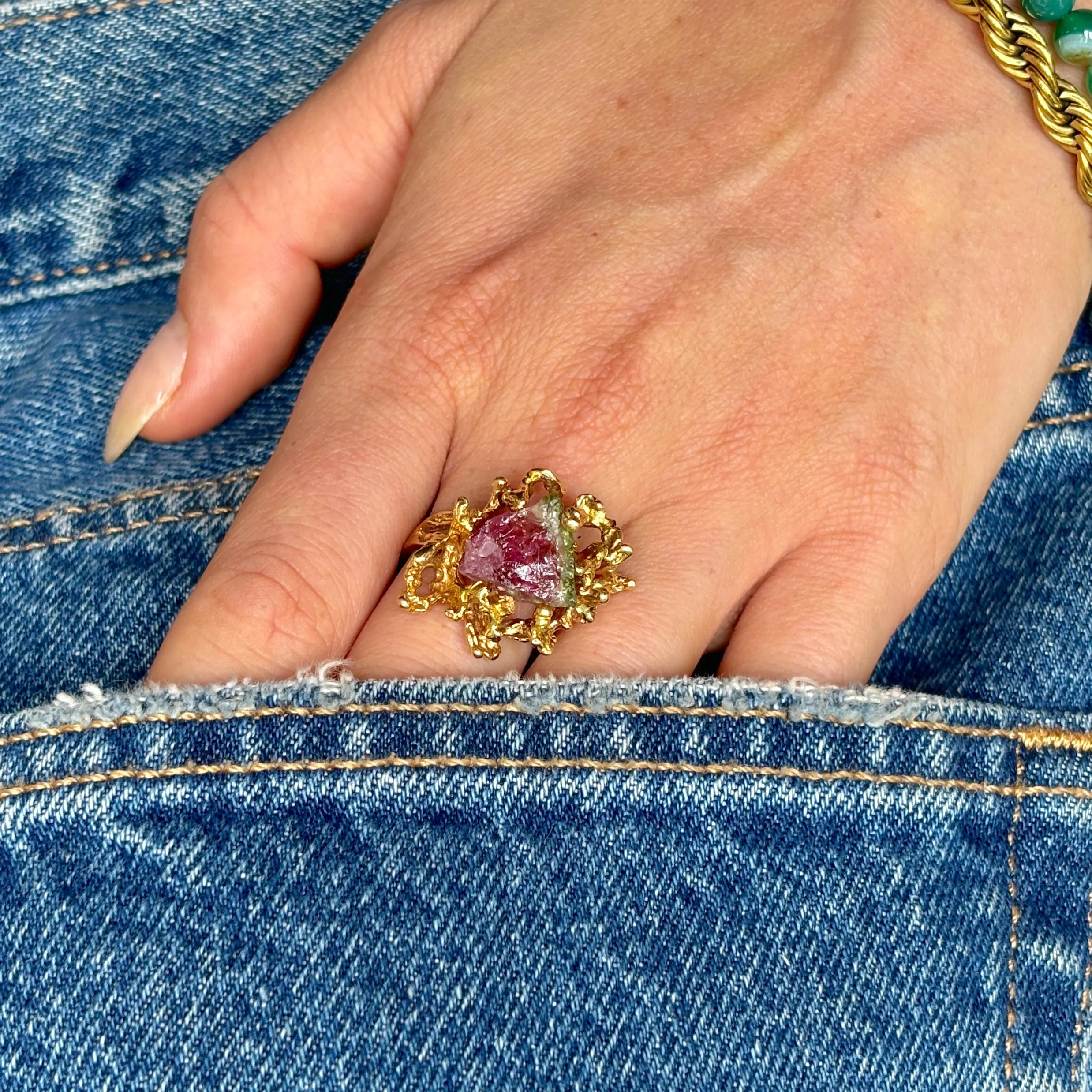 Vintage, 1970s watermelon tourmaline cocktail ring