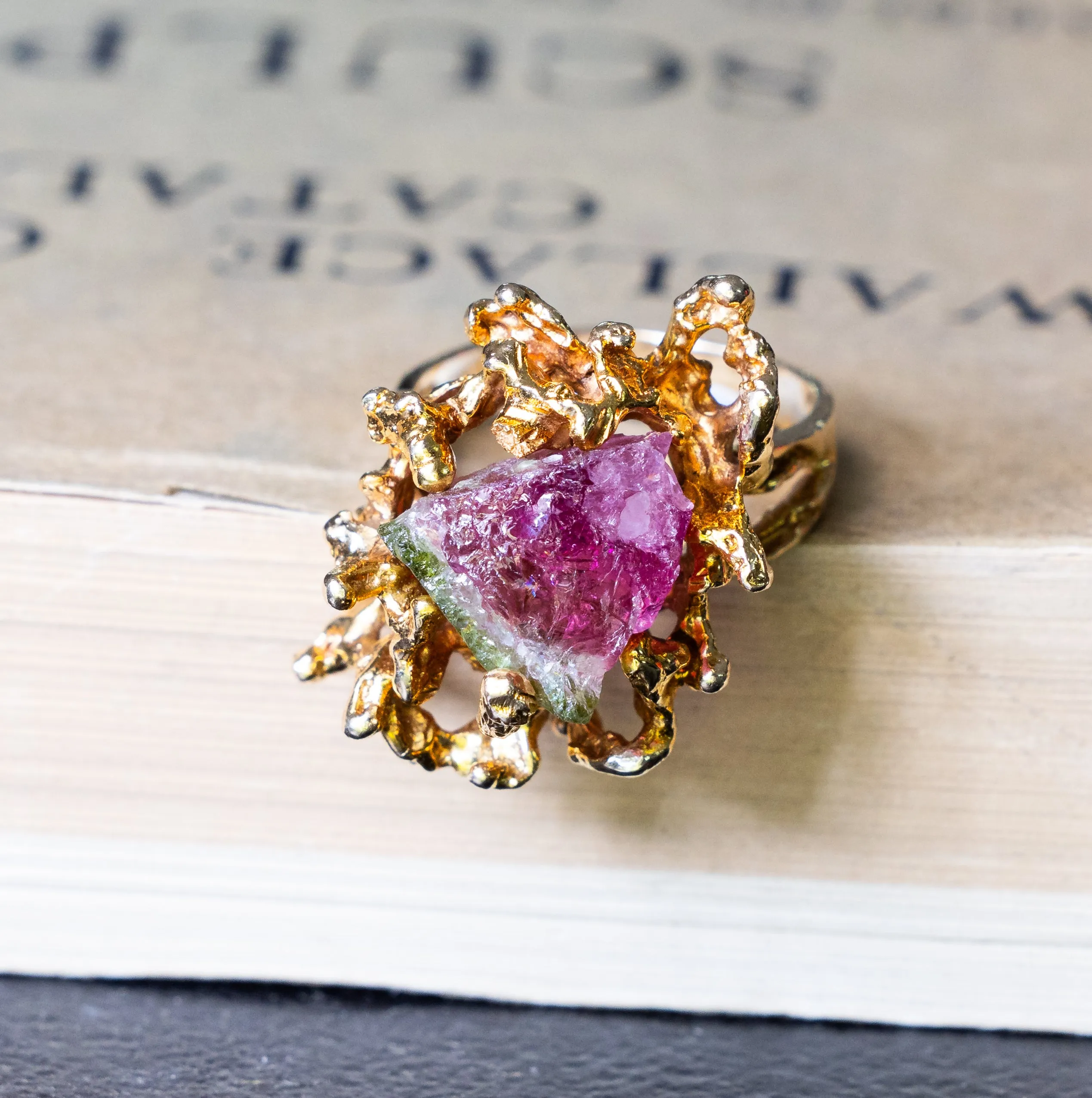 Vintage, 1970s watermelon tourmaline cocktail ring