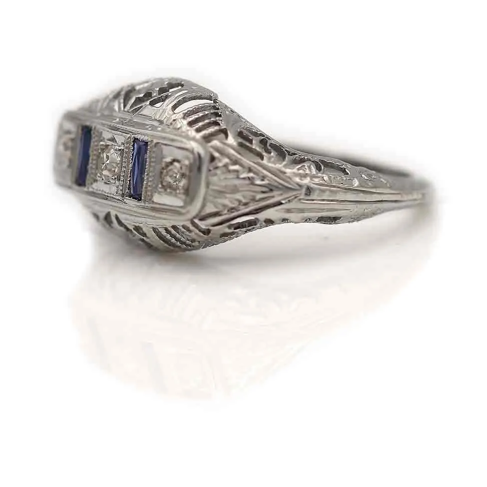 Vintage 3 Stone Diamond & Sapphire Engagement Ring