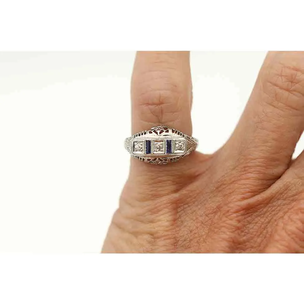 Vintage 3 Stone Diamond & Sapphire Engagement Ring