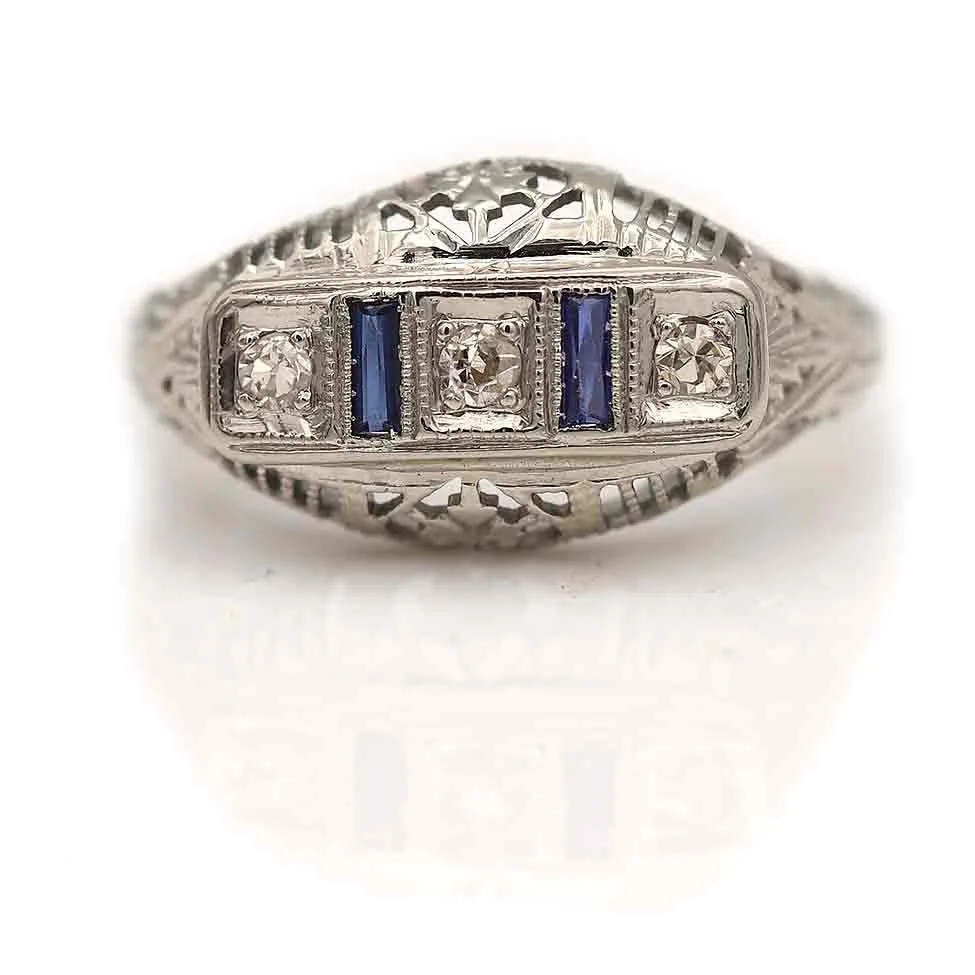 Vintage 3 Stone Diamond & Sapphire Engagement Ring