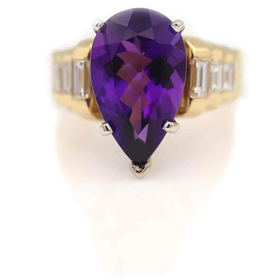 Vintage 5.50 Ct Pear Shape Amethyst & Baguette Diamond Engagement Ring