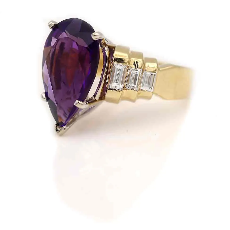 Vintage 5.50 Ct Pear Shape Amethyst & Baguette Diamond Engagement Ring