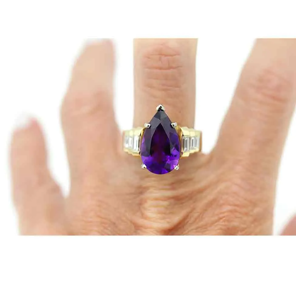 Vintage 5.50 Ct Pear Shape Amethyst & Baguette Diamond Engagement Ring