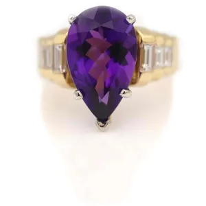 Vintage 5.50 Ct Pear Shape Amethyst & Baguette Diamond Engagement Ring