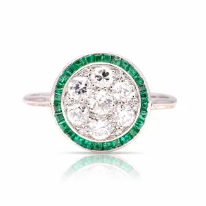 Vintage, Art Deco emerald & diamond target cluster ring