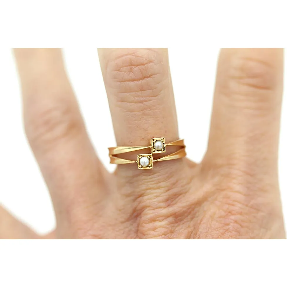 Vintage Dainty Geometric Square Pearl Wedding Ring