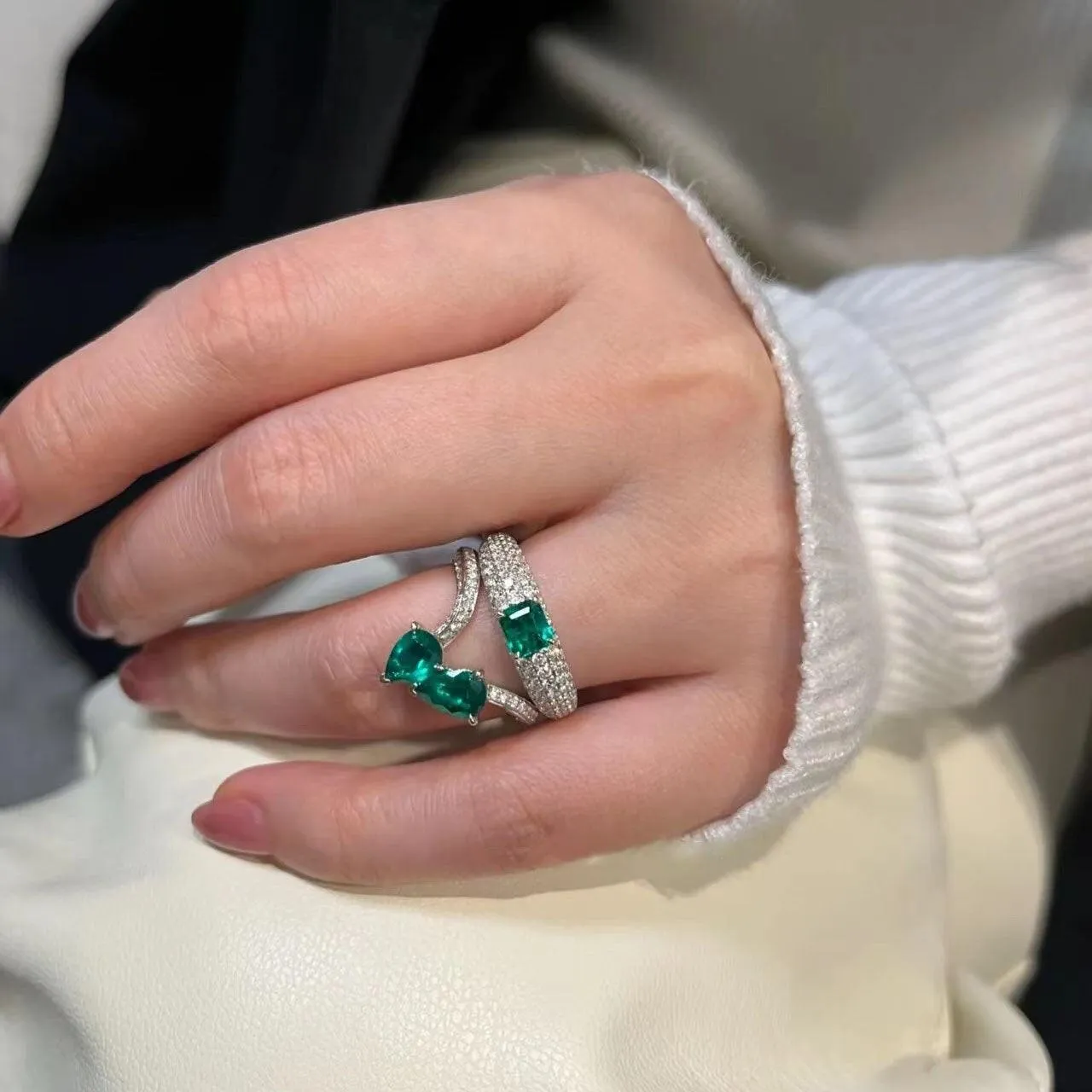 VINTAGE FASHION RINGS Adjustable AAA  Green Zircon Double Layer Personality Jewelry Ring