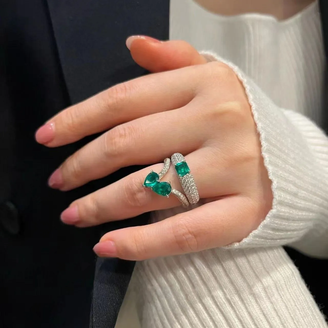 VINTAGE FASHION RINGS Adjustable AAA  Green Zircon Double Layer Personality Jewelry Ring
