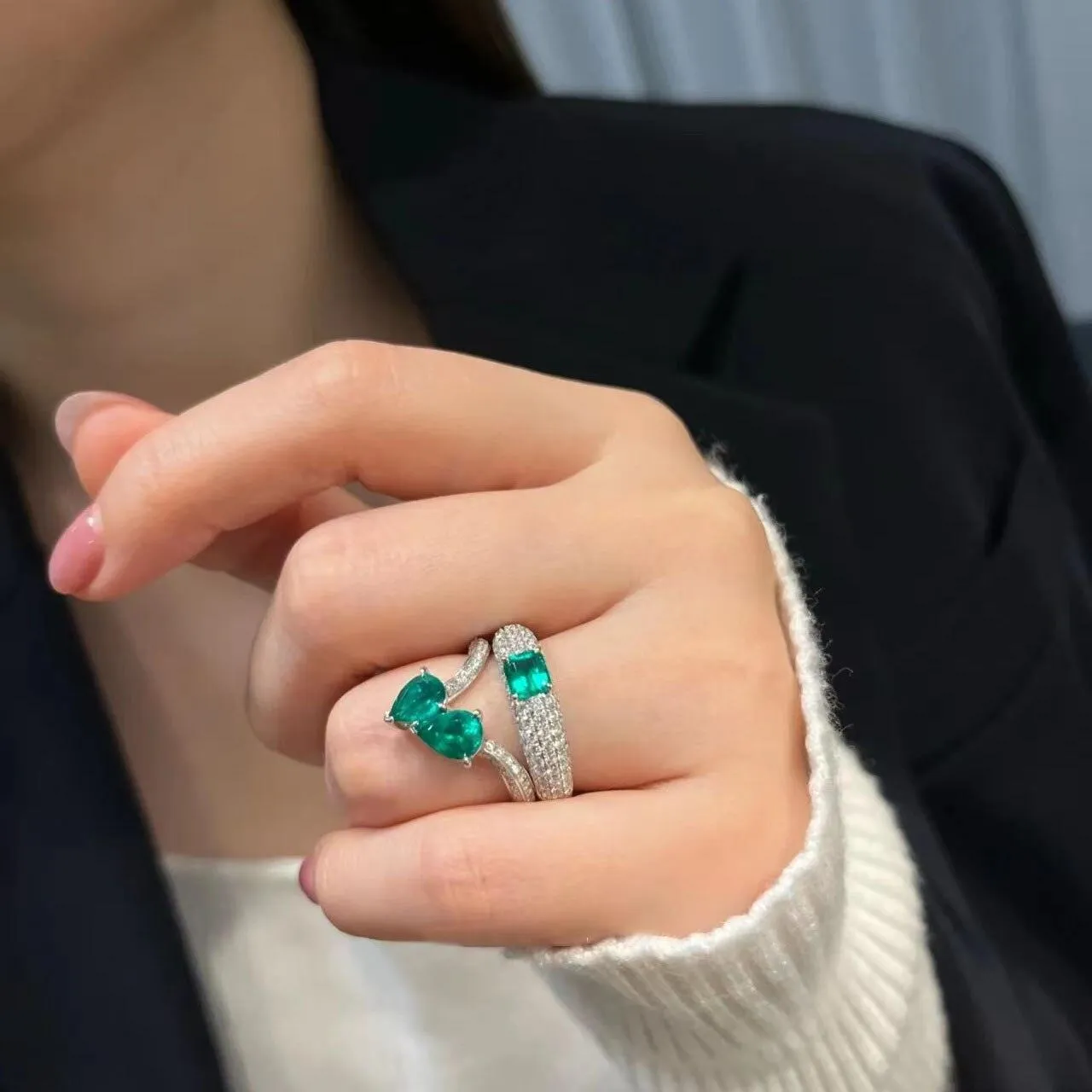 VINTAGE FASHION RINGS Adjustable AAA  Green Zircon Double Layer Personality Jewelry Ring