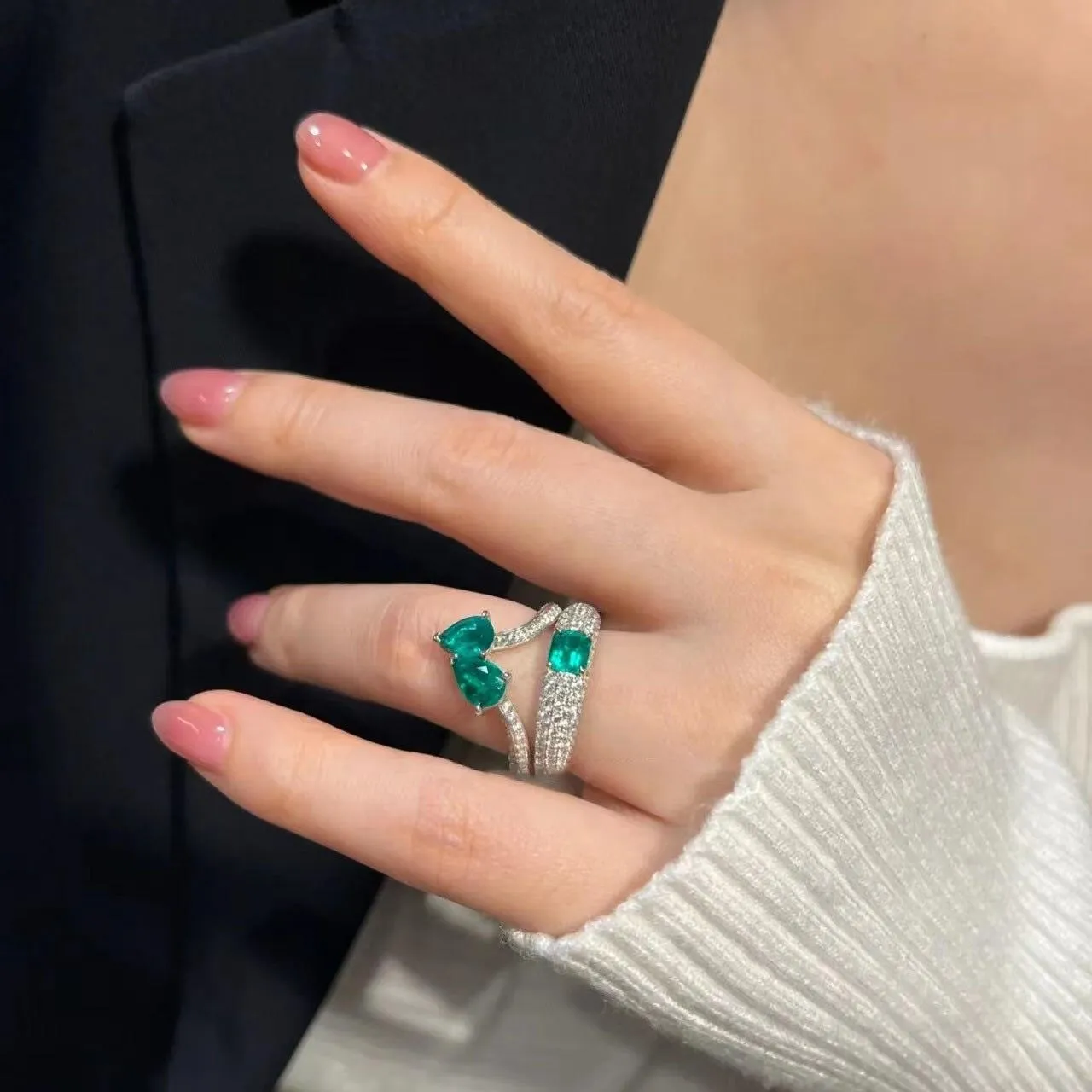 VINTAGE FASHION RINGS Adjustable AAA  Green Zircon Double Layer Personality Jewelry Ring