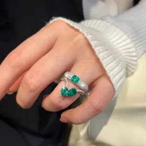 VINTAGE FASHION RINGS Adjustable AAA  Green Zircon Double Layer Personality Jewelry Ring