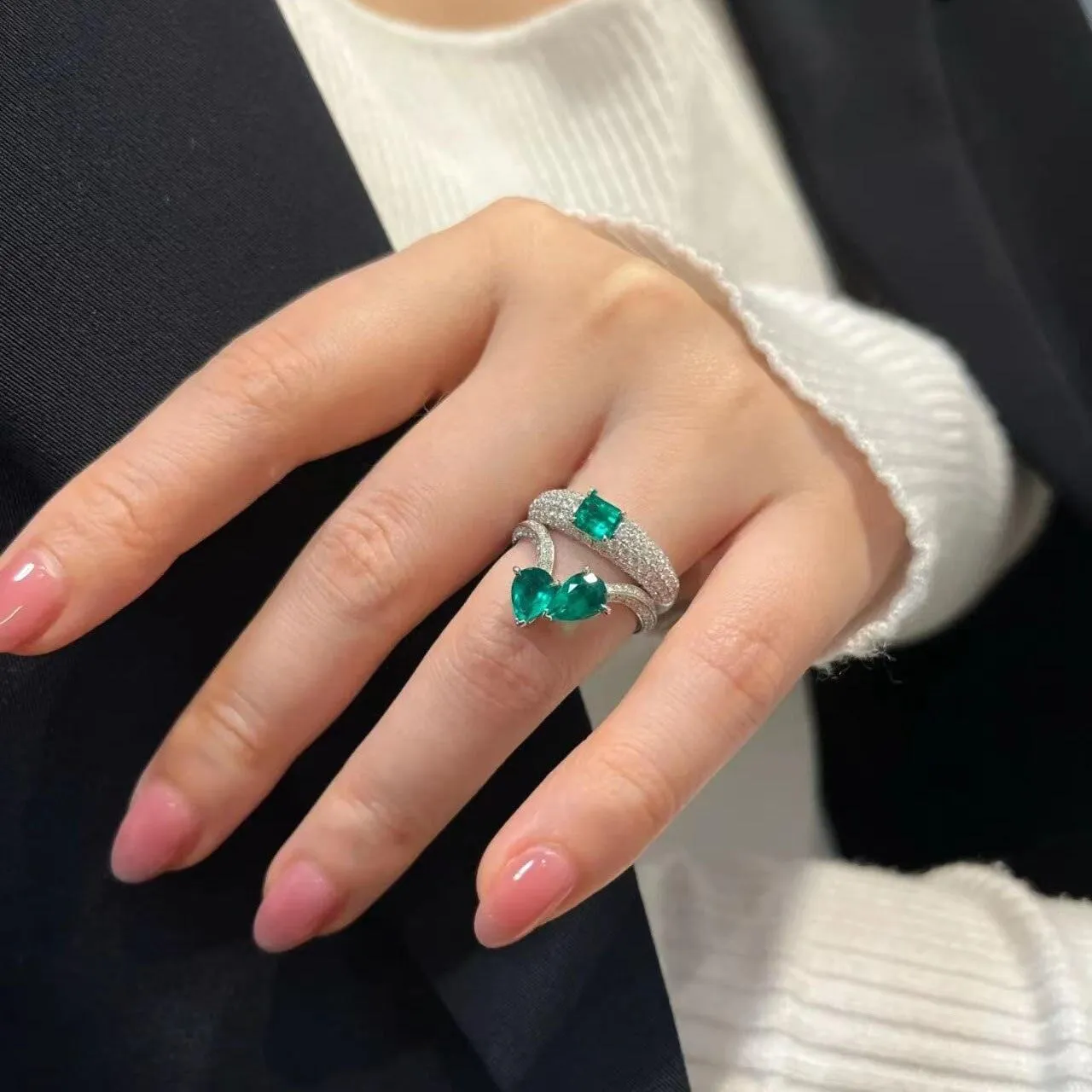 VINTAGE FASHION RINGS Adjustable AAA  Green Zircon Double Layer Personality Jewelry Ring