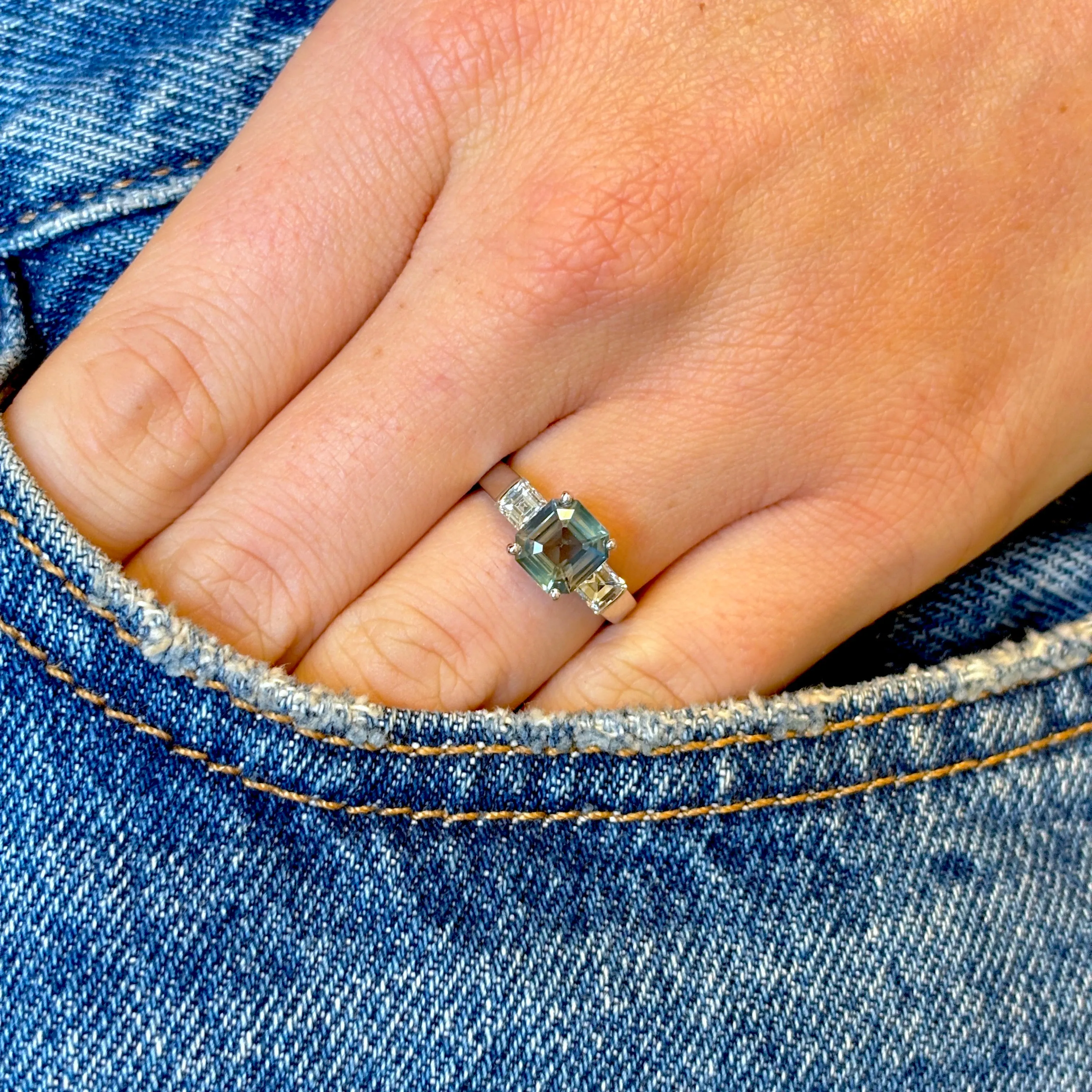 Vintage, green sapphire & diamond three-stone ring