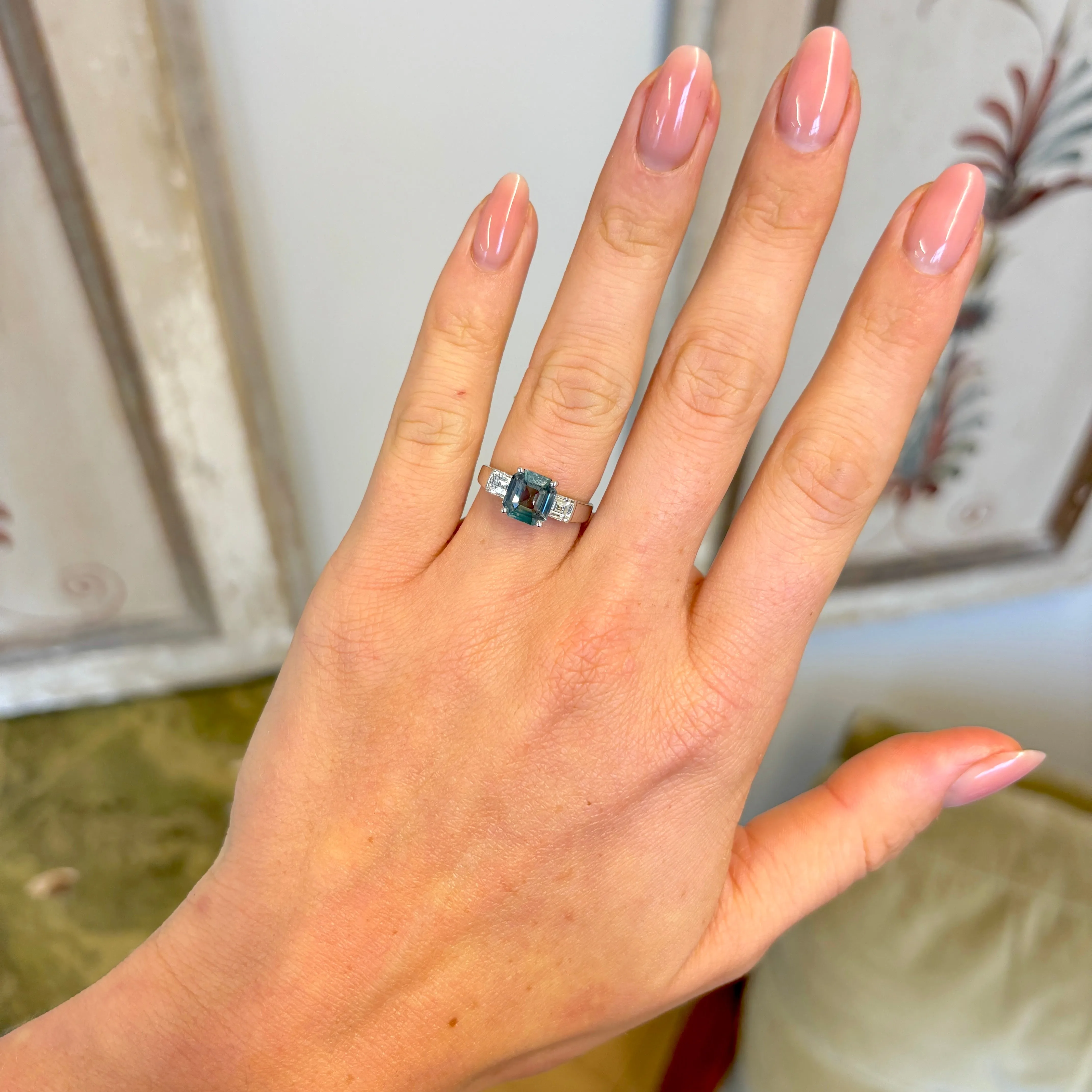 Vintage, green sapphire & diamond three-stone ring