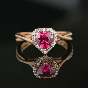 Vintage Heart Cut Ruby Halo Engagement 14k Rose Gold Vermeil