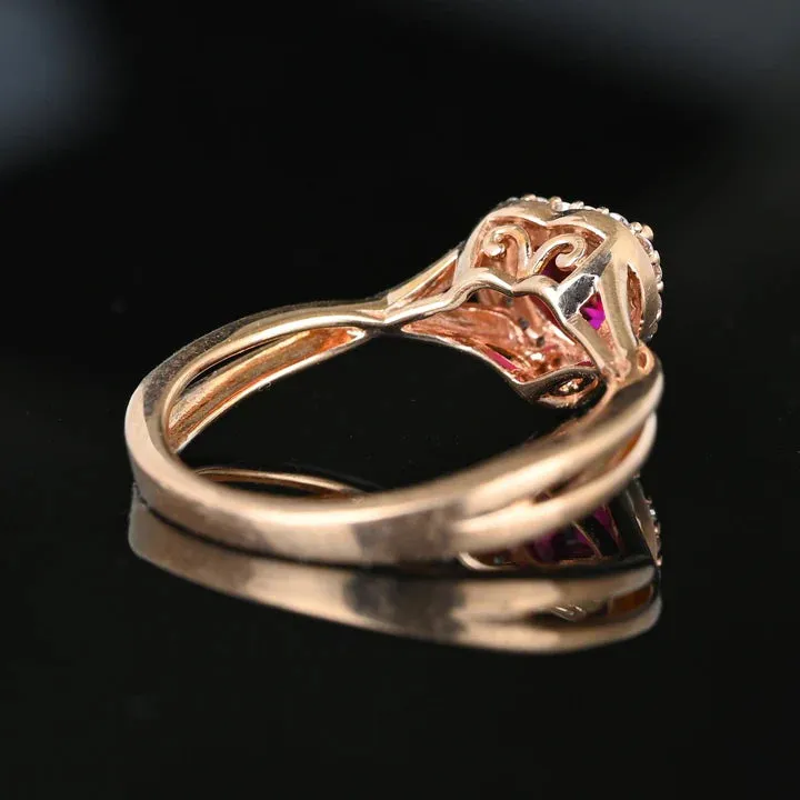 Vintage Heart Cut Ruby Halo Engagement 14k Rose Gold Vermeil