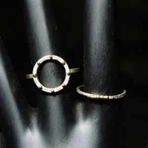 Vintage Minimalist Two-Tone Sterling Silver Ring Set, Gold Bead Details, Open Circle Ring, Hammered Accent Ring, Nina Dinoff, Size 7 1/2 US