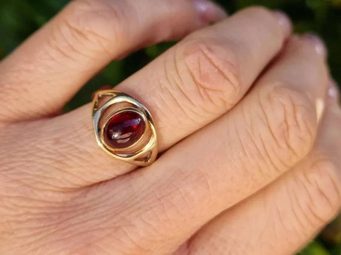Vintage Oval Cut Cabochon Garnet Bezel Set Solitaire Rings  - 14k Gold Vermeil Rings