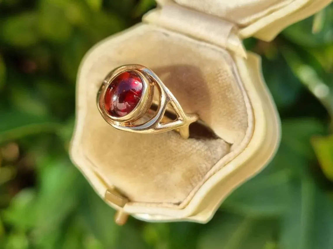 Vintage Oval Cut Cabochon Garnet Bezel Set Solitaire Rings  - 14k Gold Vermeil Rings