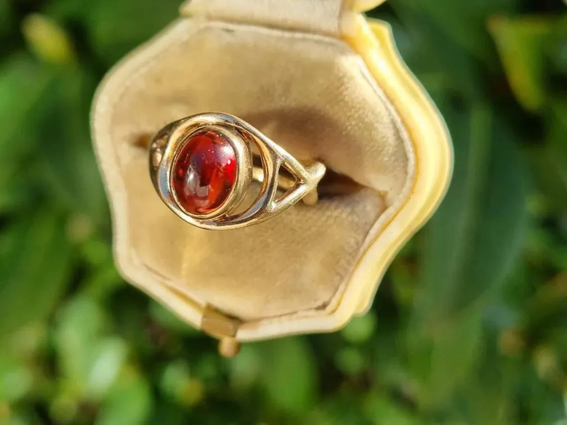 Vintage Oval Cut Cabochon Garnet Bezel Set Solitaire Rings  - 14k Gold Vermeil Rings