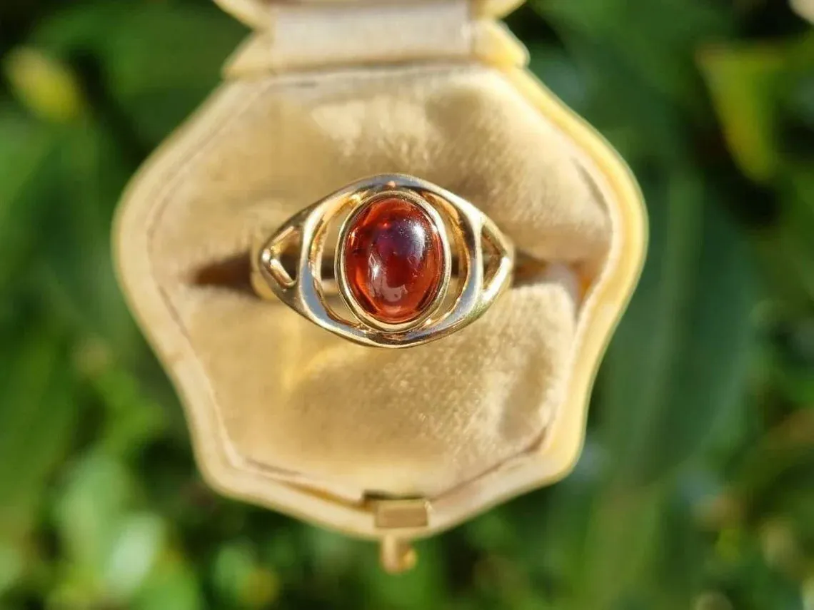 Vintage Oval Cut Cabochon Garnet Bezel Set Solitaire Rings  - 14k Gold Vermeil Rings