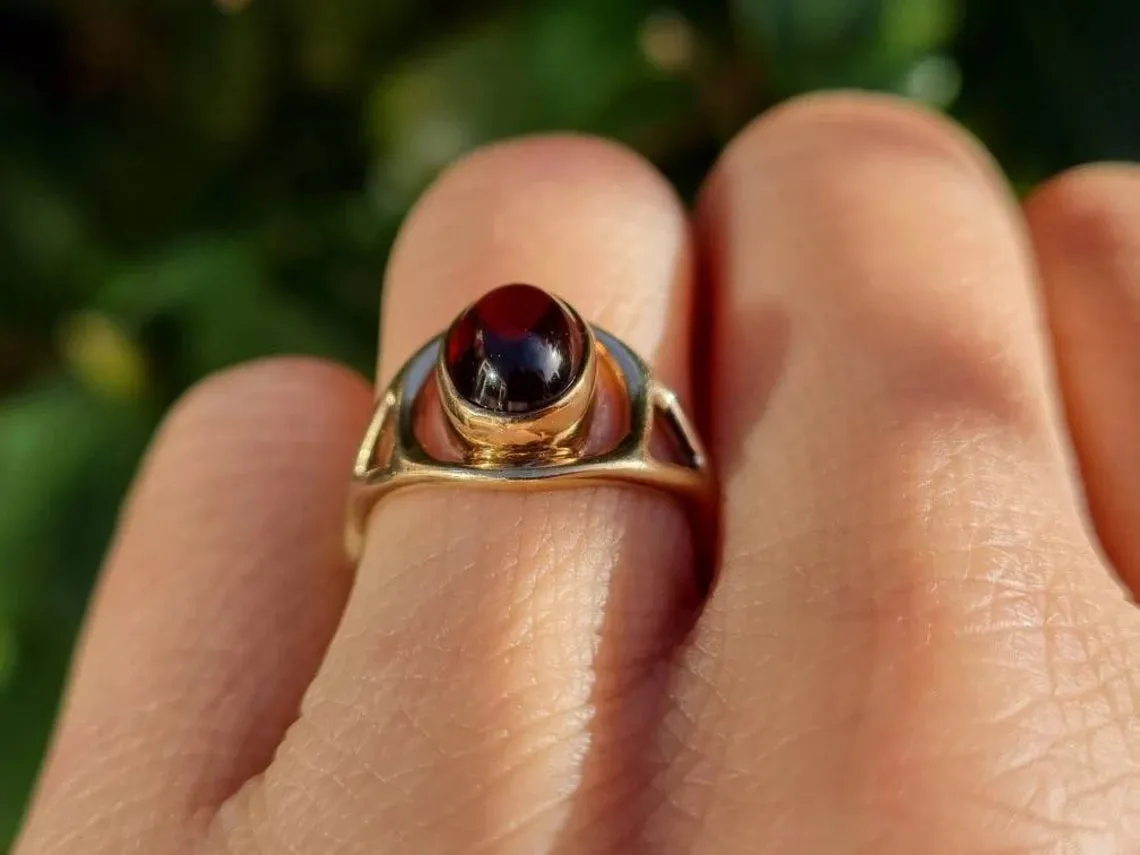 Vintage Oval Cut Cabochon Garnet Bezel Set Solitaire Rings  - 14k Gold Vermeil Rings