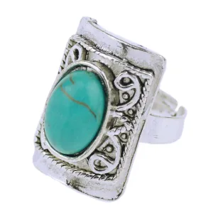 Vintage Retro Silver Color Jewelry Carved Square Metal Oval Turquoise Ring for Women Summer Style
