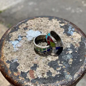 Vintage Sterling Silver Enamel Ring Set, Stackable Rings, Enamel Band Ring, Size 7 US (Thin, Argyle), Size 6.5 (Thick, Abstract)