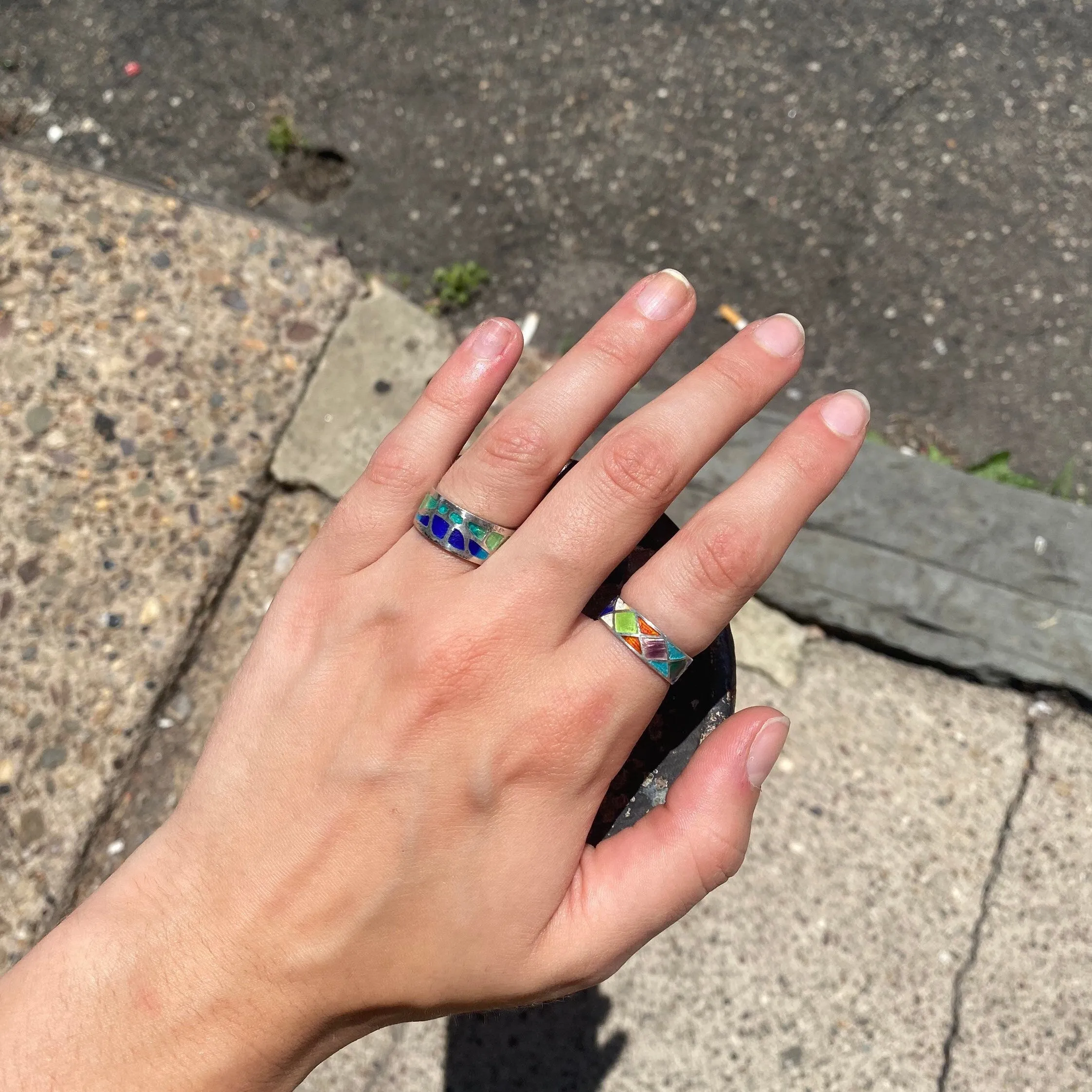Vintage Sterling Silver Enamel Ring Set, Stackable Rings, Enamel Band Ring, Size 7 US (Thin, Argyle), Size 6.5 (Thick, Abstract)