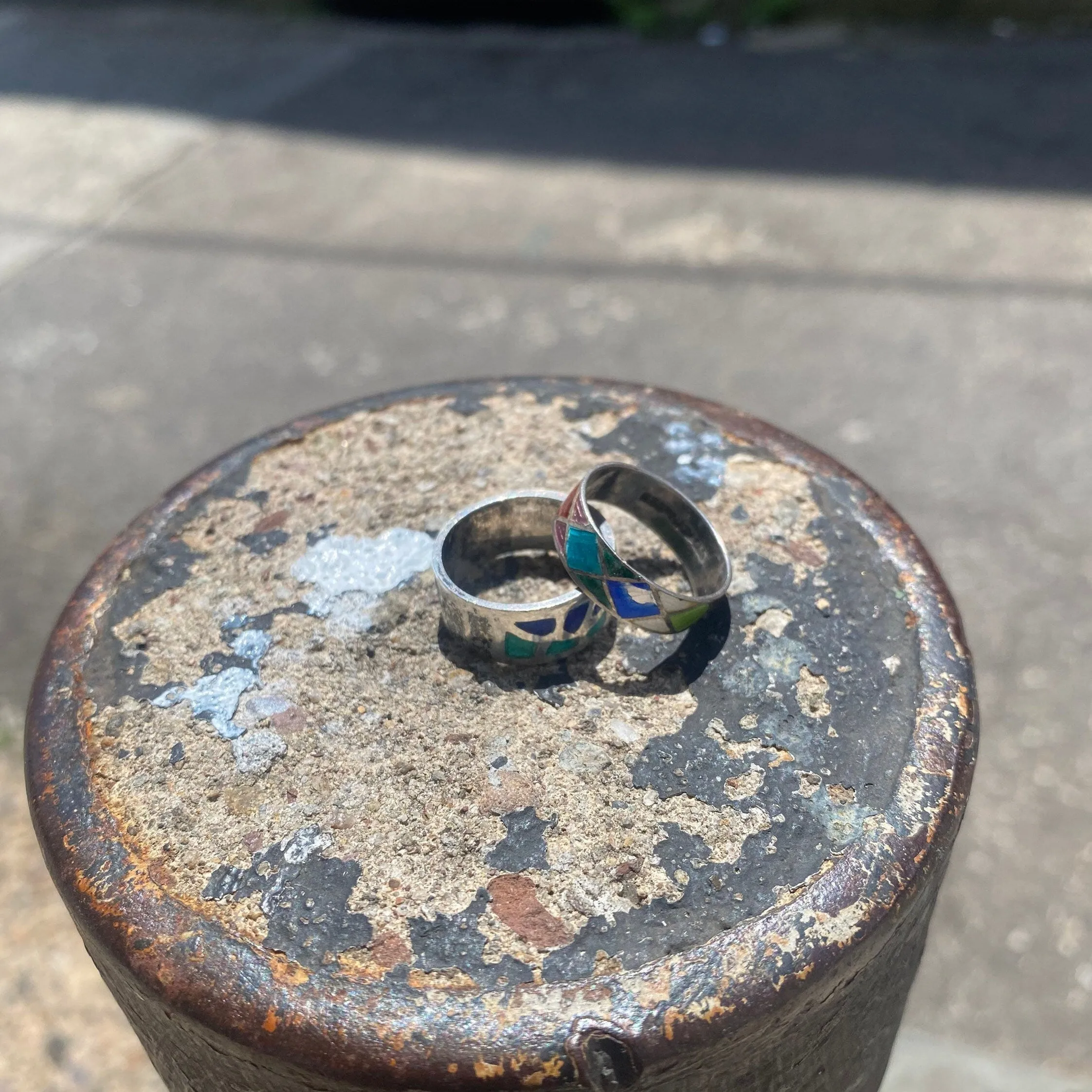 Vintage Sterling Silver Enamel Ring Set, Stackable Rings, Enamel Band Ring, Size 7 US (Thin, Argyle), Size 6.5 (Thick, Abstract)