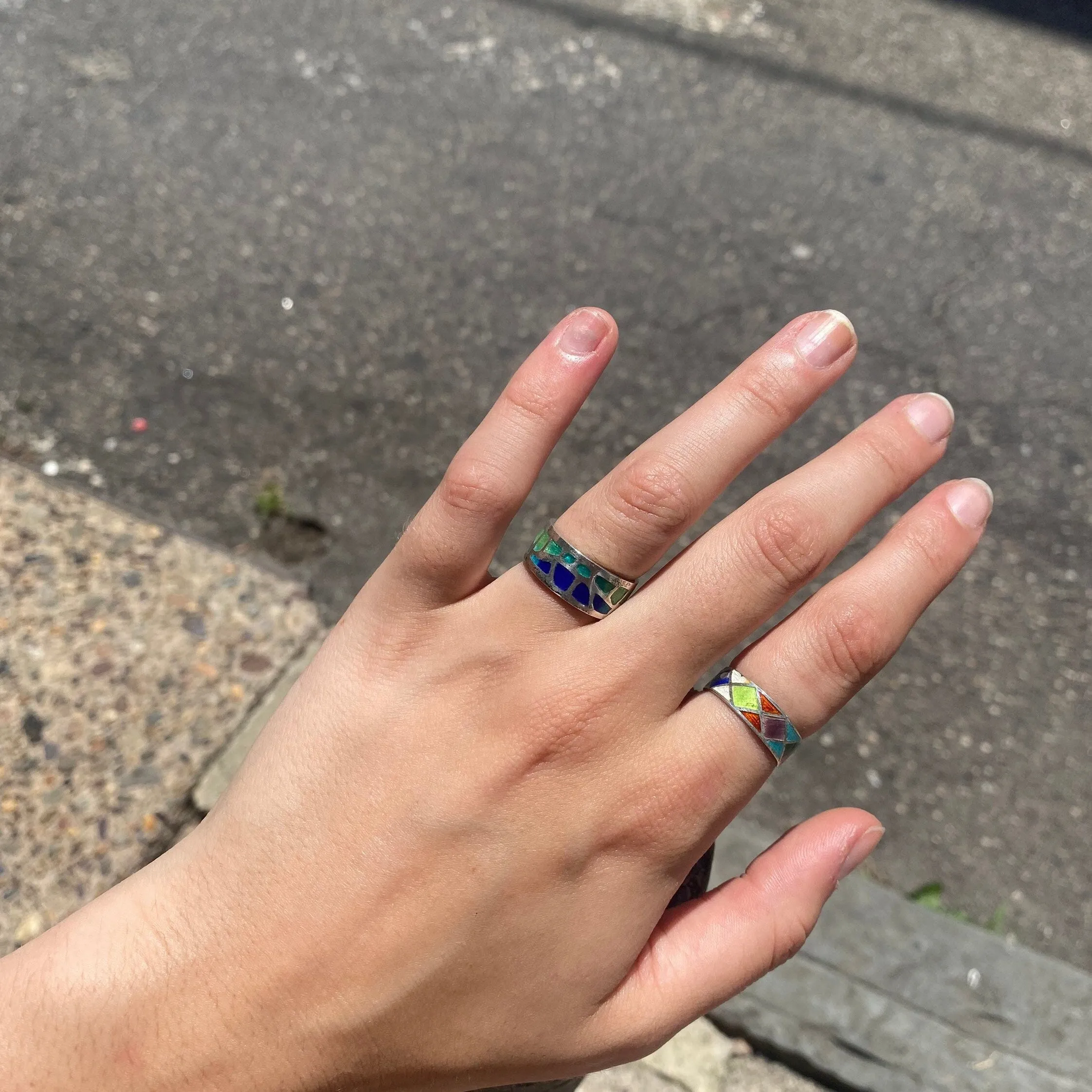 Vintage Sterling Silver Enamel Ring Set, Stackable Rings, Enamel Band Ring, Size 7 US (Thin, Argyle), Size 6.5 (Thick, Abstract)