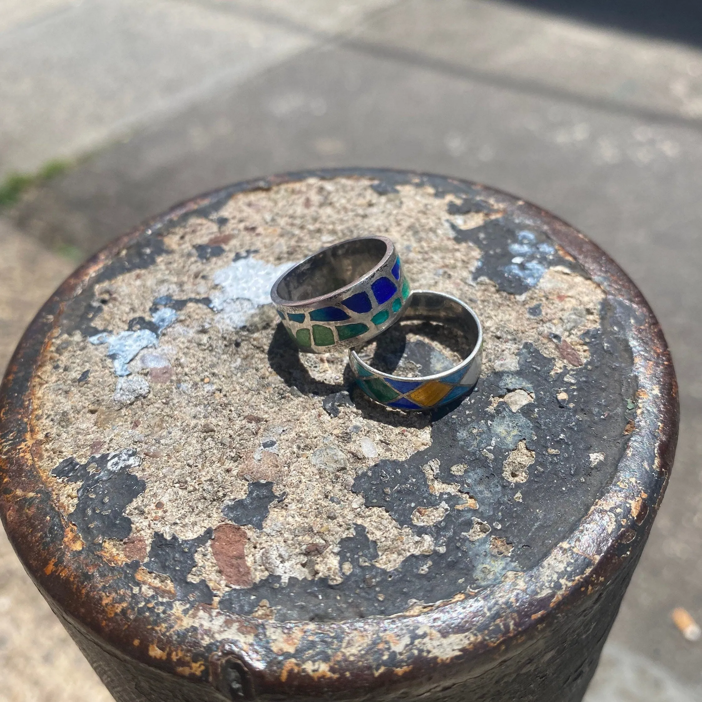 Vintage Sterling Silver Enamel Ring Set, Stackable Rings, Enamel Band Ring, Size 7 US (Thin, Argyle), Size 6.5 (Thick, Abstract)